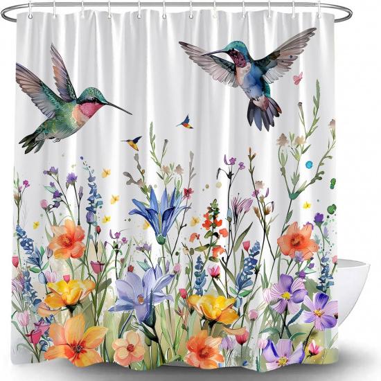 Hummingbird Shower Curtain Spring Colorful Birds Watercolor Floral Leaves Nature Garden Scenery Modern Blooming Flower Plant Fabric Curtain with Hook