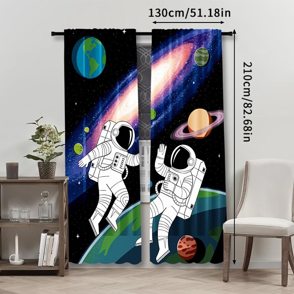 Set Of 2 Modern Astronaut Galaxy Curtains Semi Polyester Woven Panels Decorative Curtain Light Filtering With Rod Pocket Machine Washable