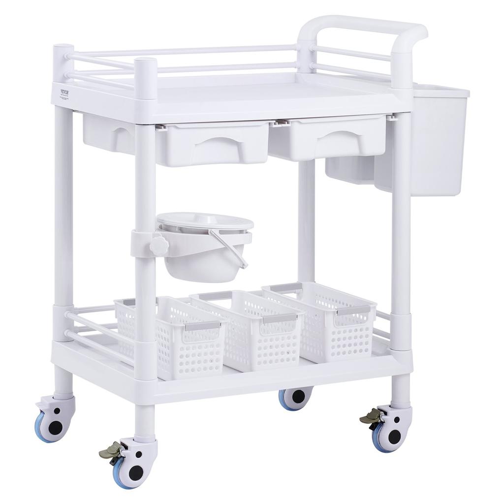 2 Tiers Lab Carts Mobile Medical Cart 2 Trays 2 Drawers 3 Trash Cans White