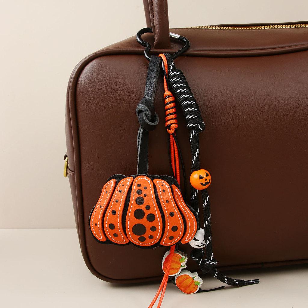 Halloween Pumpkin Leather Doublesided Keychain With Wooden Bead Chain For Bags And Accessories
