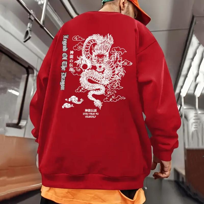 Autumn Men's Sweatshirts Dragon Pattern Print Oversized Long Sleeve T-Shirts For Men Hoodies Pullover Street Fashion Man Clothes