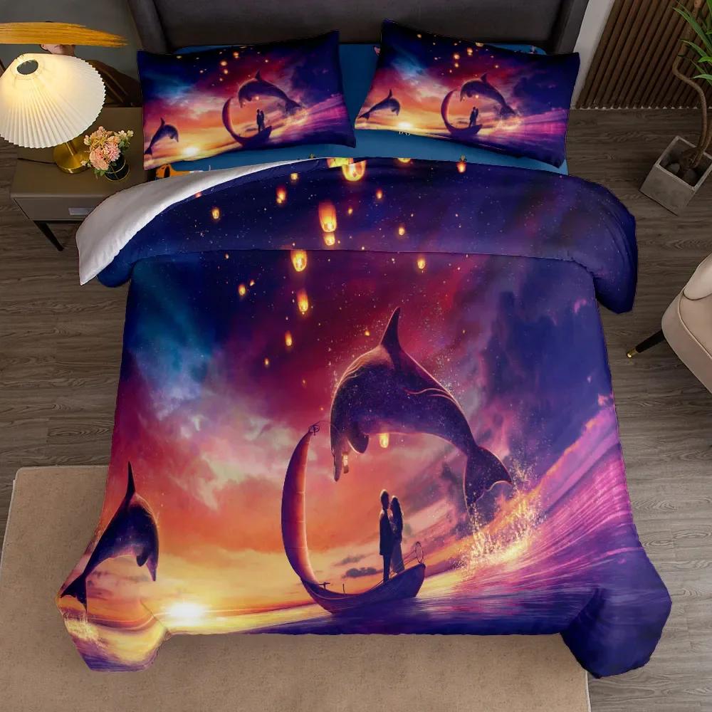 Sunset Play Dolphins 3D Bedding Set Without Sheet Single Twin Double Queen King Cal King Size Bed Linen Set