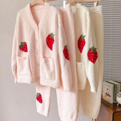 Sweet Cartoon Strawberry 2PCS Pajamas Set Thick Flannel Women Loungewear Cardigan Trouser Suit Pyjama Casual Home Wear Nightwear