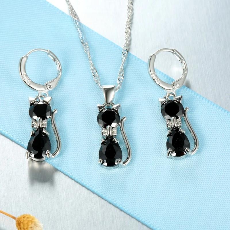 925 Sterling Silver Color Jewelry Sets for Woman Girls Shining Austrian Crystal Cute Cat Pendant Necklace Huggie Earring