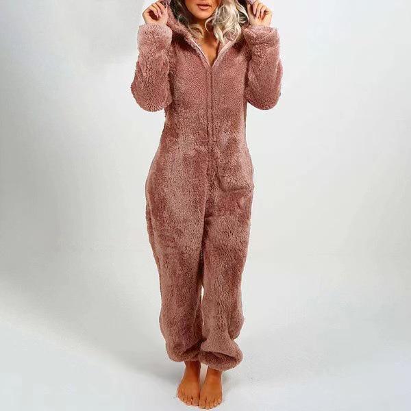 2025 European & American Autumn/Winter Women's Fleece-Lined Fur Jumpsuit Pajamas, Hooded, Available in 17 Colors