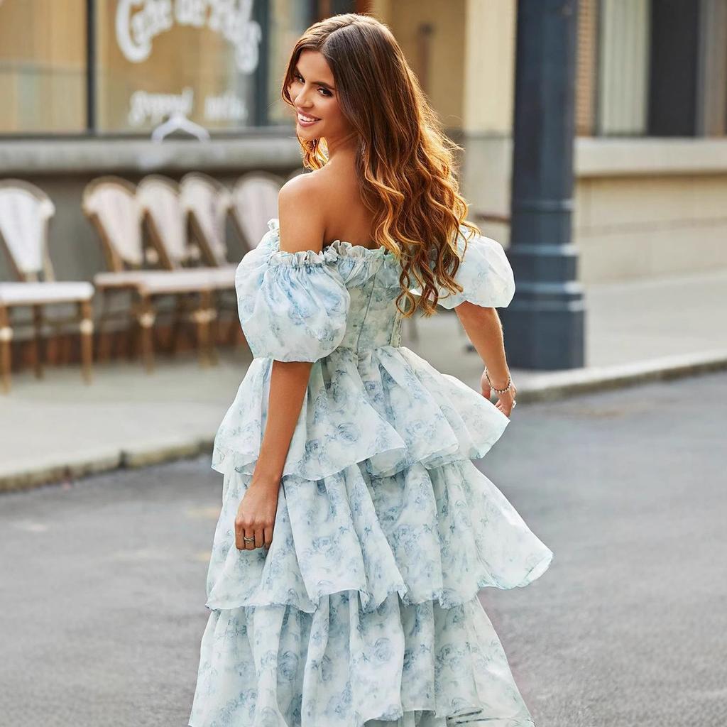 Idyllic Sweet Cake Dress European And American Bubble Sleeves Short Sleeves Lace-Up Waist Plain Floral Fairy Dress Long Dress