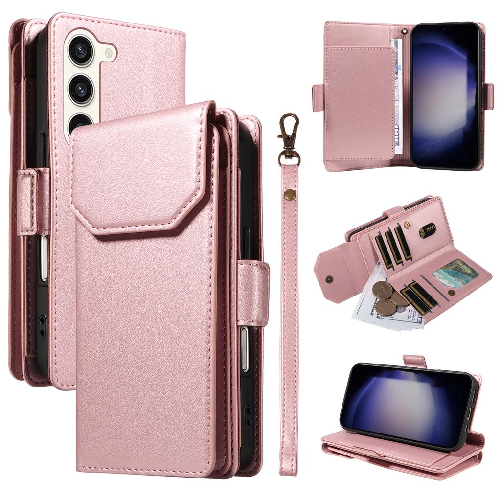 For Samsung Galaxy S23 Case with Multi-Card Holder and Strap PU Leather Phone Cover Stand