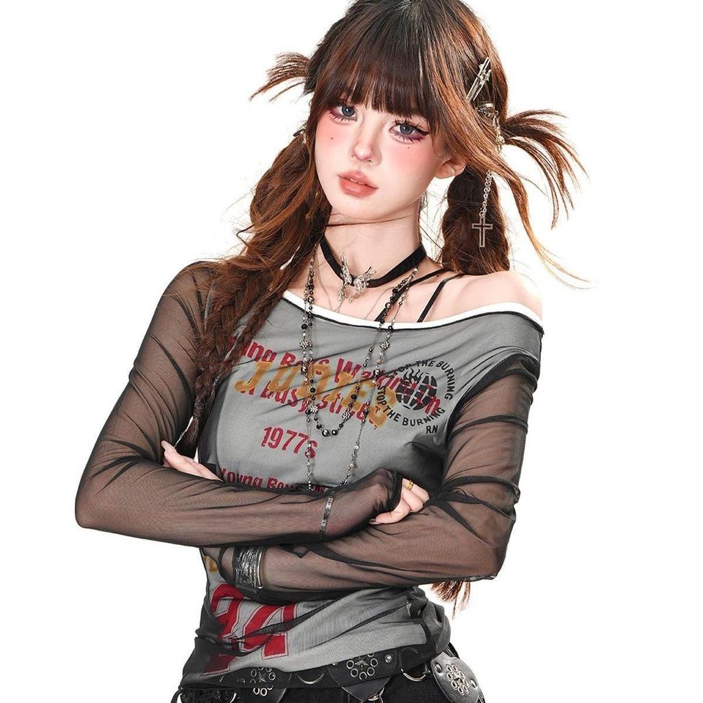 T-shirt Y2K da ragazza Retron Street Wear Manica Lunga Magliette con Scavature Per T-shirt da Donna