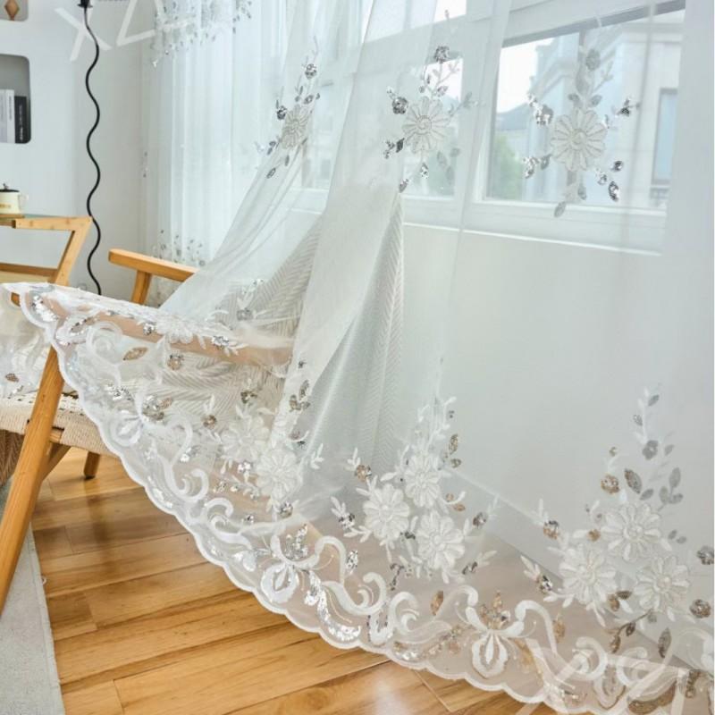 Sheer Embroidered Curtain Panel With Sequins Living Room Bedroom North European Style Light Filtering