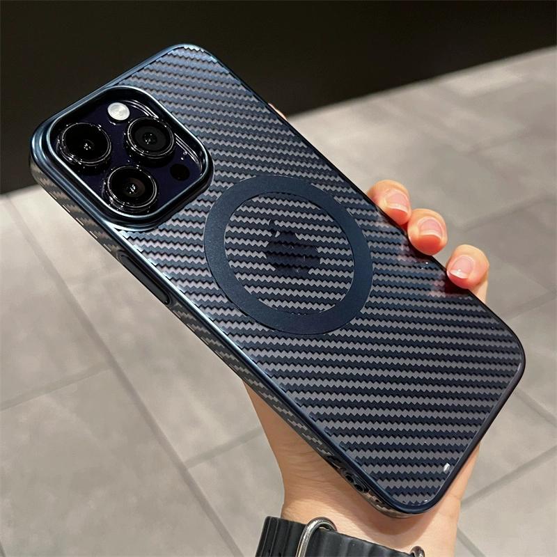 Luxury Plating Carbon Fiber Texture Wireless Charge Magnetic Case for iPhone 15 14 Plus 13 12 Pro Max Ultra Thin Magsafe Cover