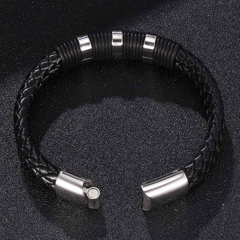 Men Black Double Leather Bracelets Stainless Steel Clasp Bracelets Bangles Fashion Wristband Gift