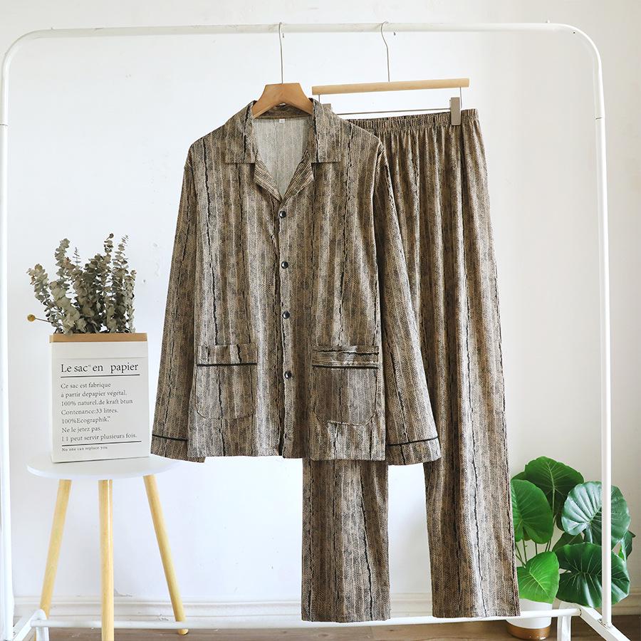 Men's Loose-Fit Pure Cotton Pajama Set: Long Sleeve Cardigan & Pants for Spring/Autumn