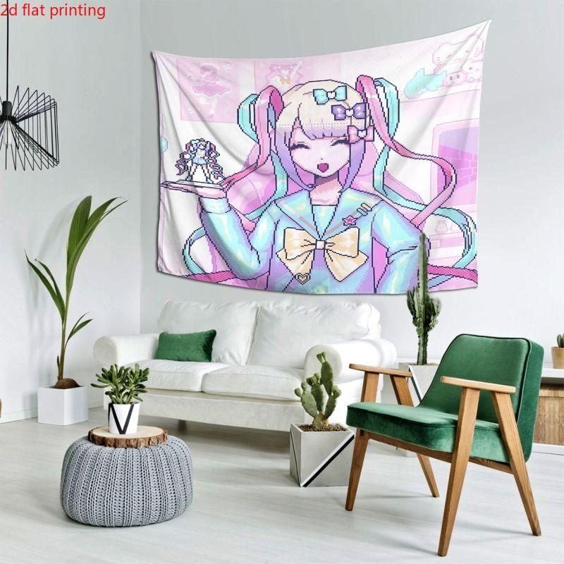 Pixel Style Double Horsetail Anchor Girl anime Tapestry Background Millennium Y2K Sweet Cool Girl Room Decoration