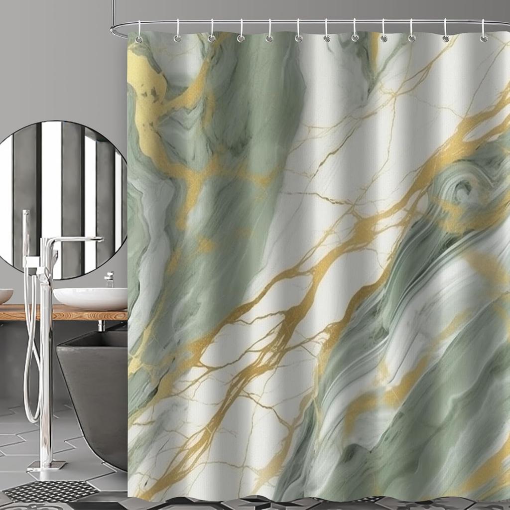 Green Gold Shower Curtain for Bathroom, Sage White Light Green Luxury Boho Shower Curtain Set, Marble Texture Fabric Modern