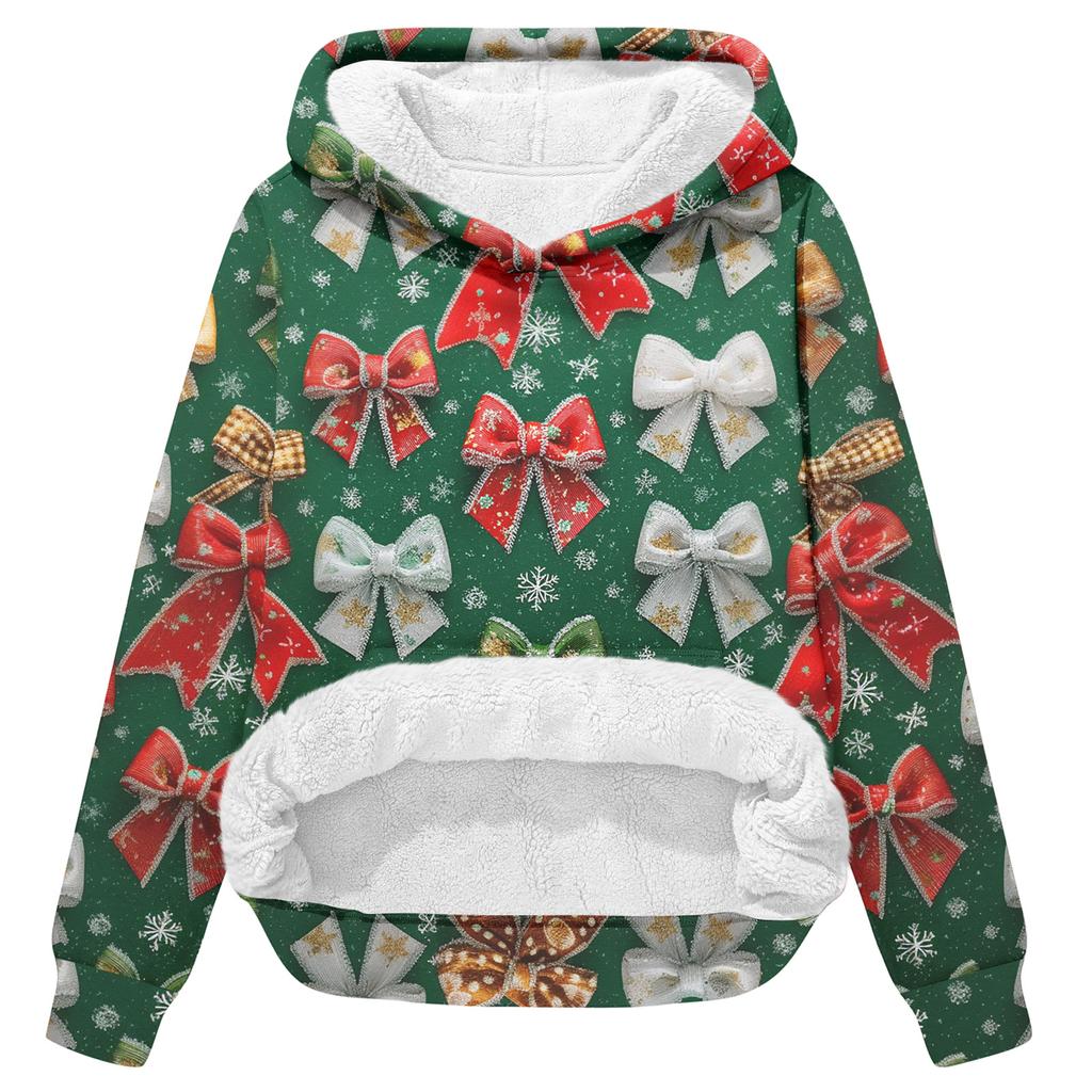 Women's Fashionable Casual Long-Sleeved Christmas Print Fleece-Lined Thick Hooded Sweatshirt