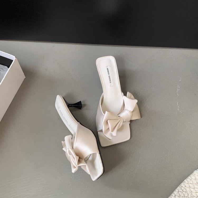 Korean version of high-end skirt slippers 2025 new bow versatile stiletto gentle fairy style high heels