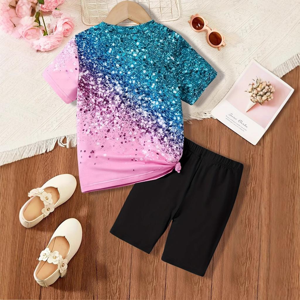 Mädchen Glitzer Party Pailletten Bedruckt Rundhals Kurzarm 2-teiliger Sommer Kinder Freizeitanzug