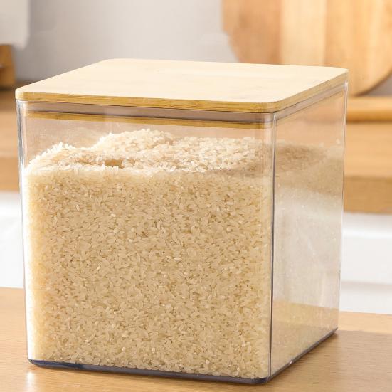 Large Square Flour Sugar Storage Container Airtight Plastic Food Jar with Wooden Lid for Flour Sugar Cookies Rice Coffee Beans Kitchen Pantry