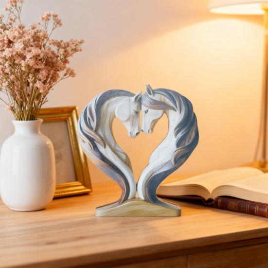 Wooden Horse Ornament Handcrafted Farmhouse Rustic Love Heart Double Horse Figurine Statue Sculpture Home Office Desktop Decoration Ornament