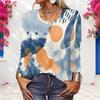 Women Plus Size White Abstract Printed Round Neck Long Sleeve Pullover Sweatshirt