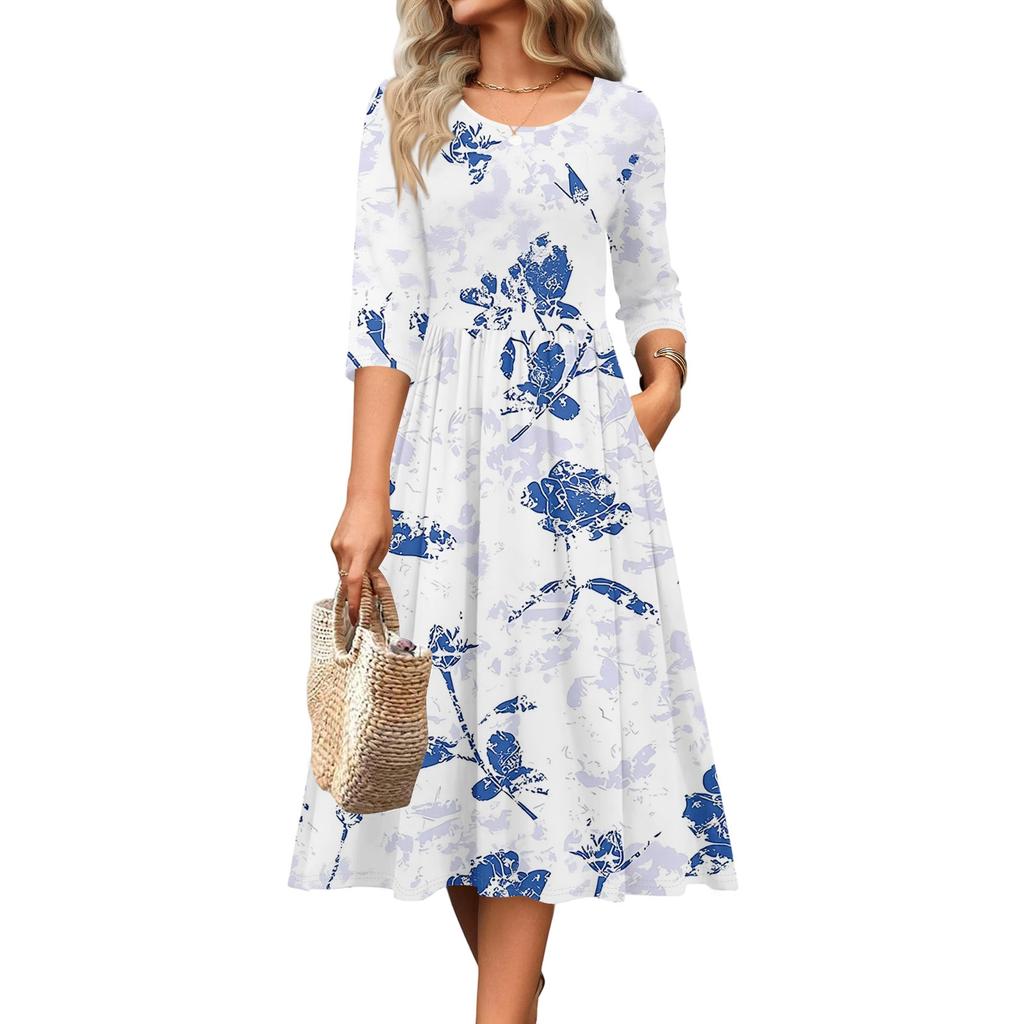 Rochie de damă cu mâneci 3/4, casual, fluidă, în A, midi, tip tricou, cu buzunare, cu gât rotund, pentru vacanță, boho, de plajă, de vară