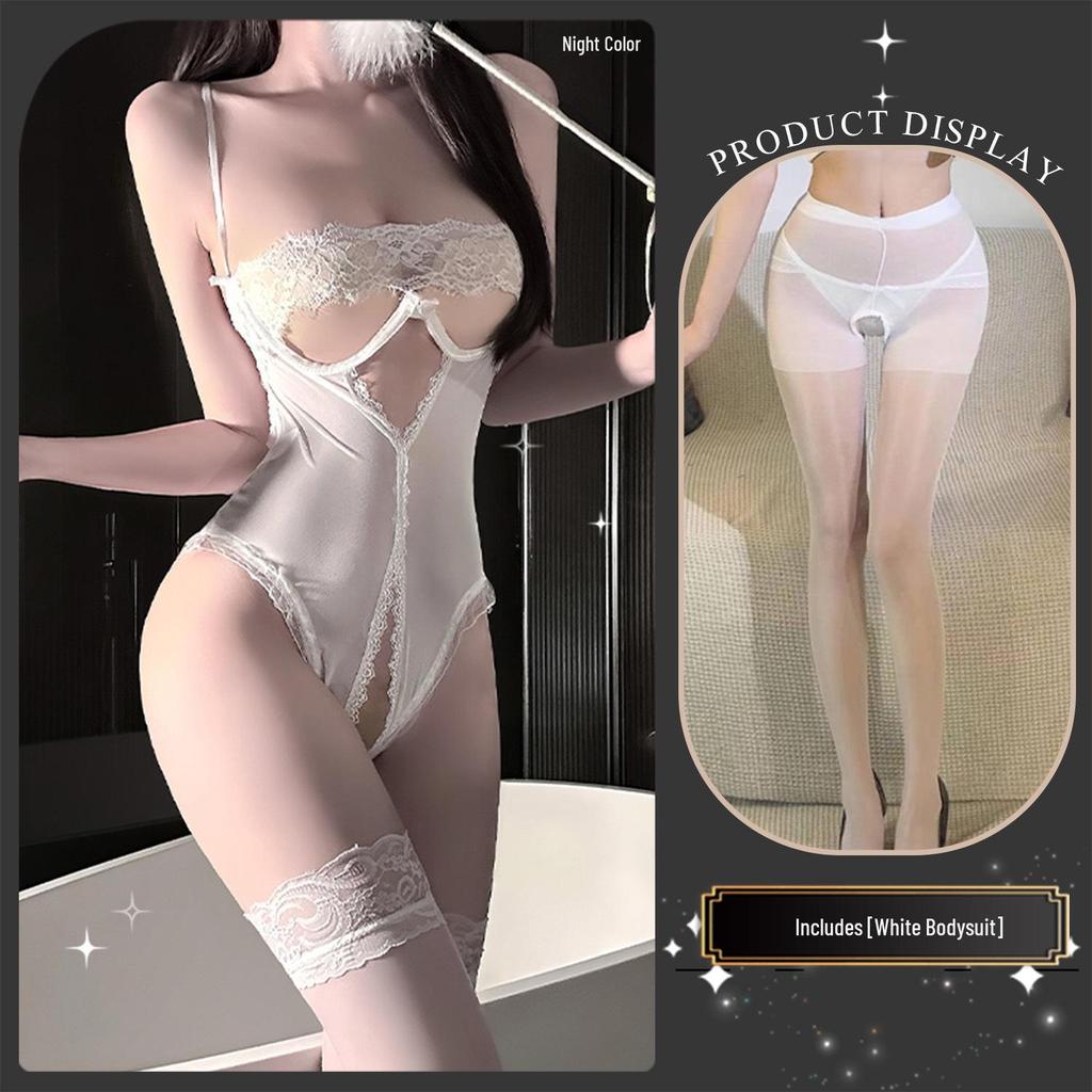 Jin Xiao Women's Lace Bodysuit – Removable, See-Through Lingerie Sleepwear.