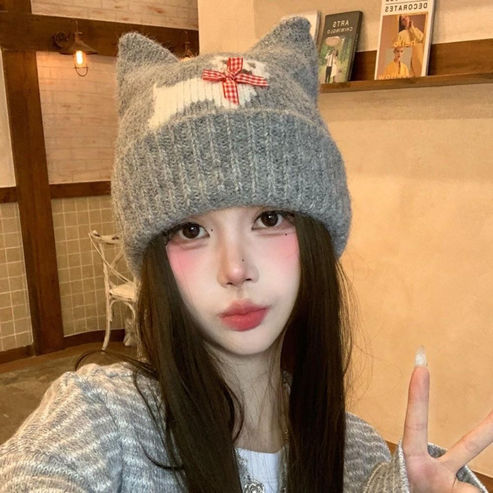 Warm Lining Cat Ear Beanie 56-58cm Puppy Pattern Earflap Hat Fleece Lined Knitted Hat For Students