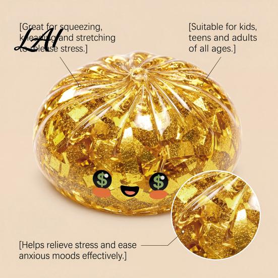 Knead Stress Reliever Gold Foil Steamed Bun Squeeze Ball Cute Food Shape Fidget Ornament Toy for Anxiety Relief Soft Elastic Maltose Reliever Funny