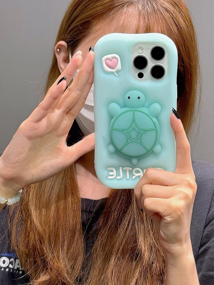 Cartoon Cute Luminous Turtle Kickstand Soft Silicone Case For iPhone 17 16 15 14 13 11 12 Pro Max Phone Cover With Holder