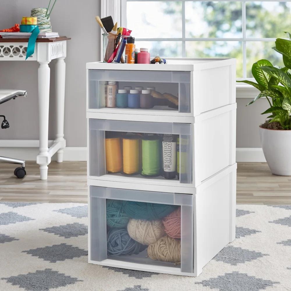 Small Stackable Storage Drawer Durable Resin Utility Organizer Clear Front Easy Care Home Office Dorm Apartment 19.75x15.5 X7