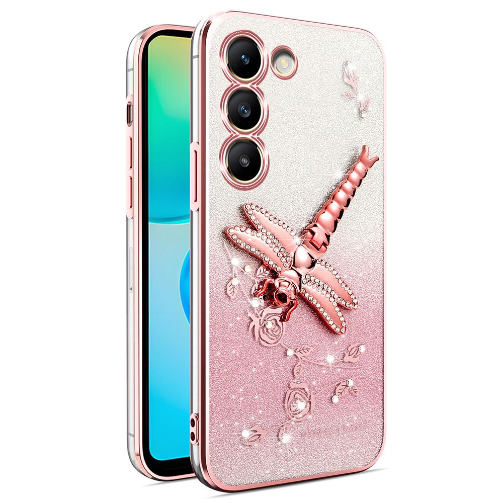 For Samsung Galaxy S23+ Case Dragonfly Kickstand TPU Flowers Glitter Phone Cover