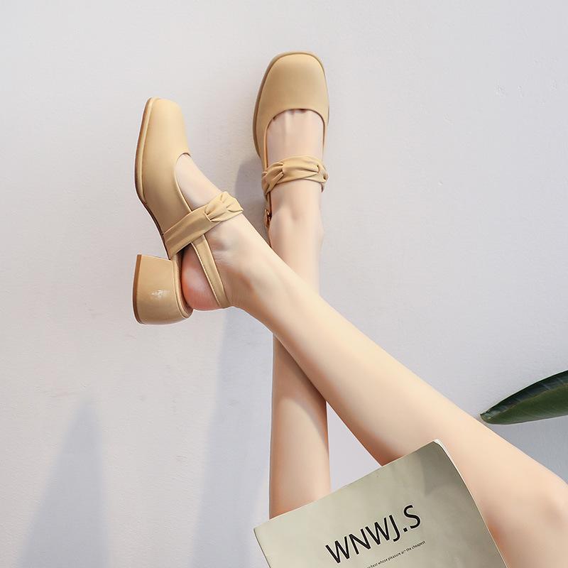 713-3 Half-bag Head Sandals Women's 2025 Summer New French Style with Skirt Medium Thick Heel Summer Single Shoes