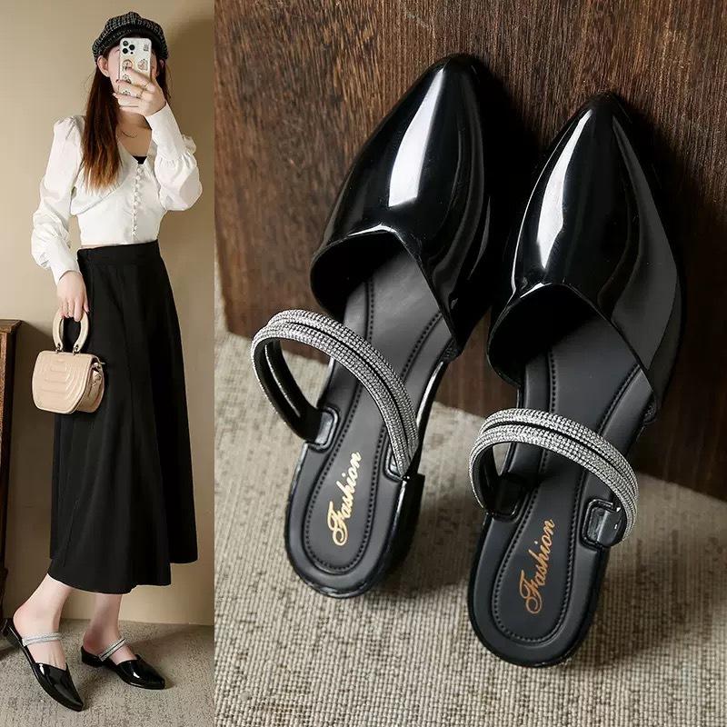 Baotou Half Slippers Women S Summer Wear Fashion French Temperament Pointed Non-Slip Flat Bottom Cool Slippers Women 36