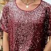 Women Tops Round Neck Short Sleeve Loose Fit Tee Shirt Sparkling Sequins Casual Shirt Versatile Summer Tops