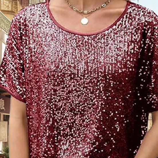 Women Tops Round Neck Short Sleeve Loose Fit Tee Shirt Sparkling Sequins Casual Shirt Versatile Summer Tops