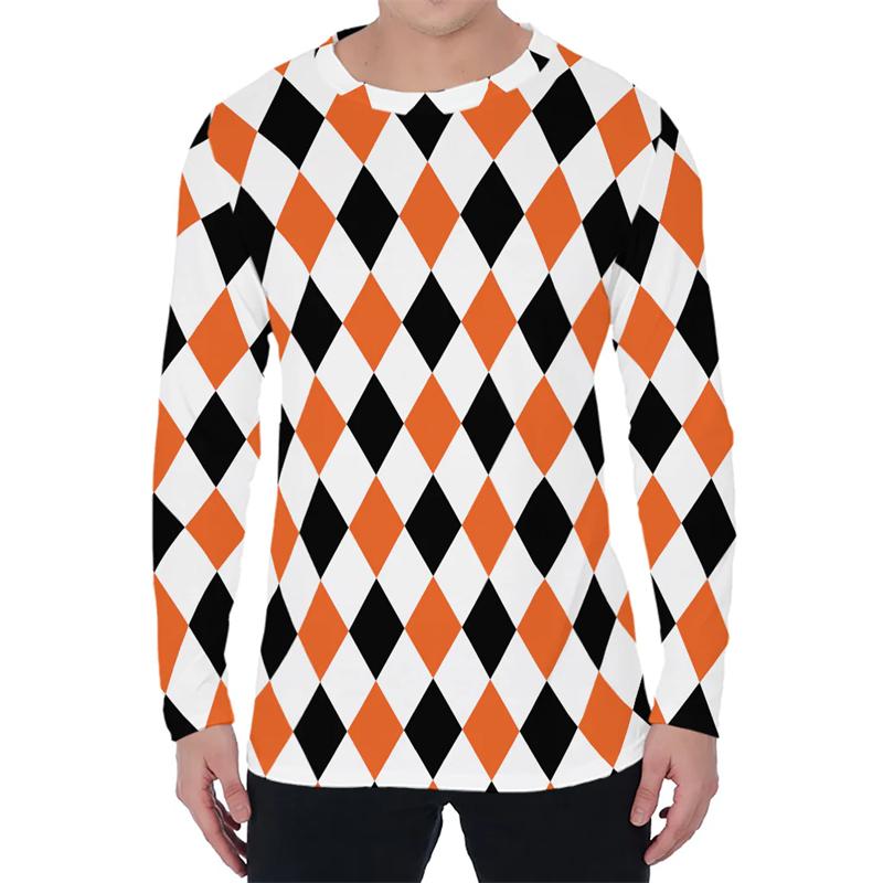 Simple Argyle Pattern Men's T-shirts Fashion Casual 3D Printed Long Sleeve T-shirts Loose Round Neck Streetwear Pullovers