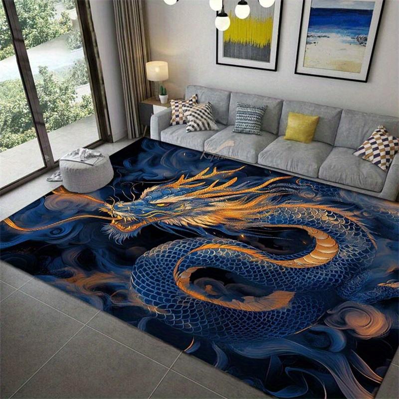 1pc Creative Chinese Dragon Print Non-Slip Area Rug, 3D Decorative Mat with Golden Scaled Blue Dragon Design, Durable Washable