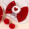 2Pcs Glitter Velvet Bow Hair Clips With Fuzzy Ball Tassels Elegant Cute Red Heart-Shaped Bow Barrette Hair Accessories For Girls