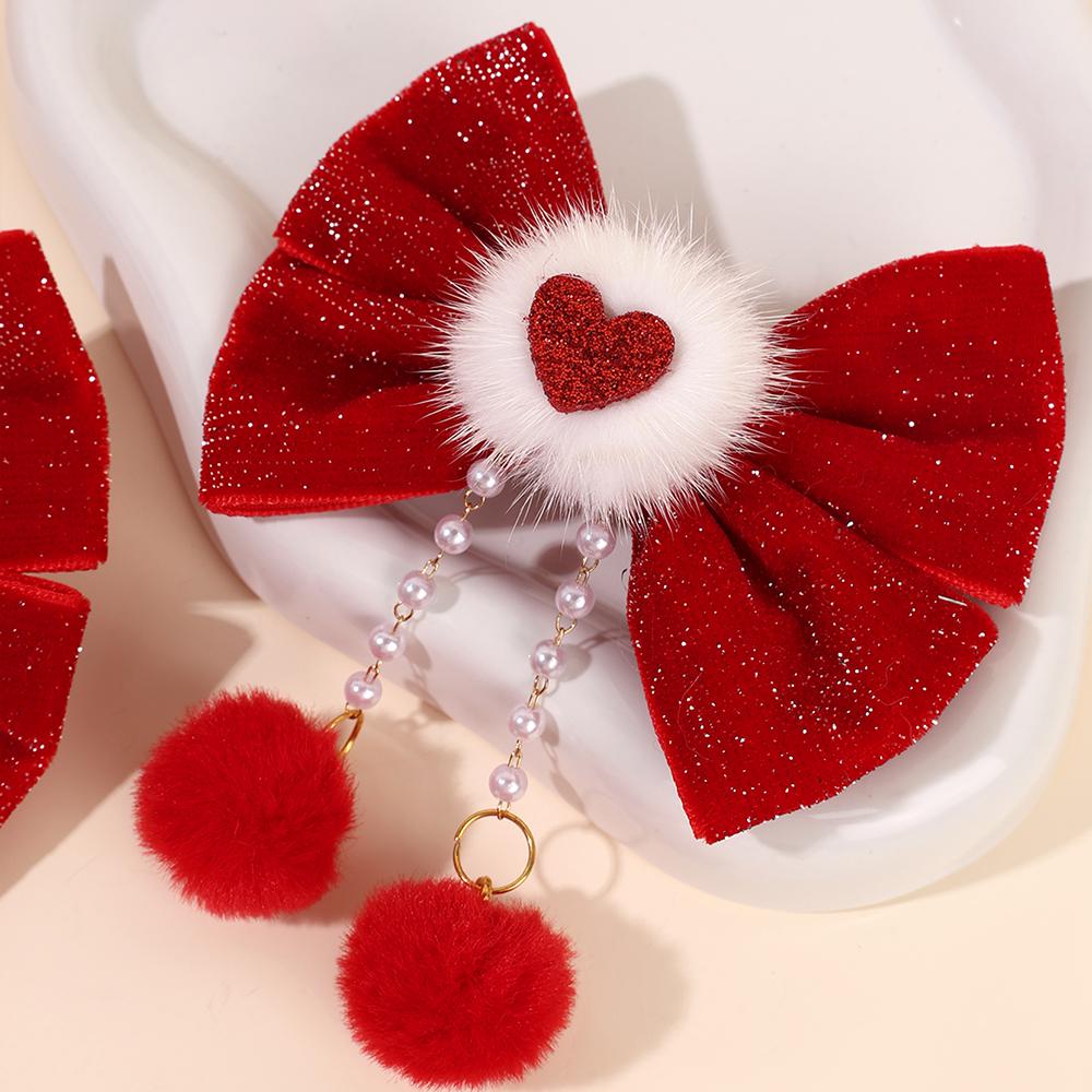 2Pcs Glitter Velvet Bow Hair Clips With Fuzzy Ball Tassels Elegant Cute Red Heart-Shaped Bow Barrette Hair Accessories For Girls