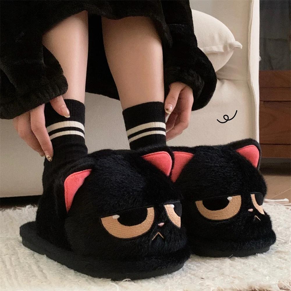 Winter Warm Fur Slippers Cartoon Cat Non-Slip Women and Men Soft House Indoor Home Bedroom Boys Girl Memory Foam Floor Shoes