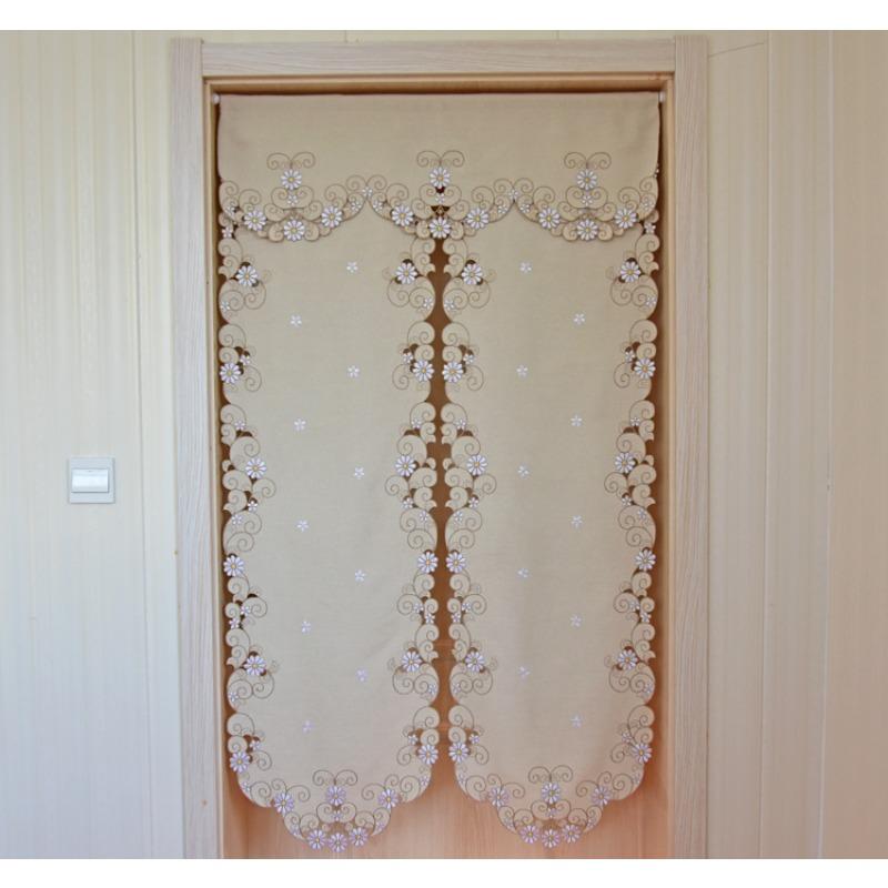 Rideau Court Kaki Clair Tissu Brodé Rideau de Porte Marguerite Rideau Élégant pour Chambre Salon Salle de Bain Cuisine, Sans Tringle, 1 pièce