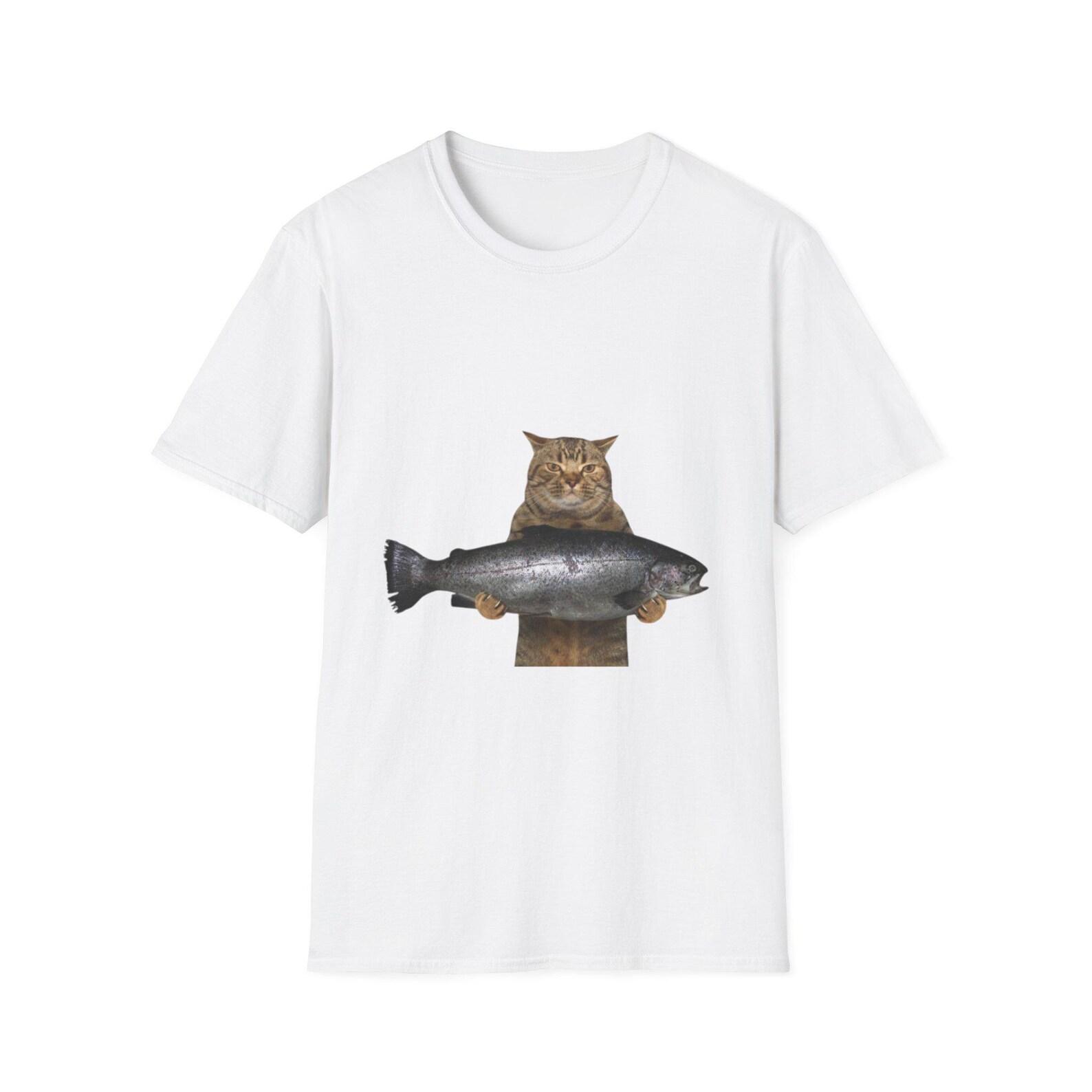 Cat Holding Salmon T-Shirt | Funny Cat Fish Design XL