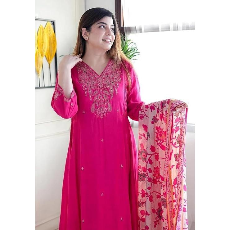 Pink Embroidery Designer Kurti Pant Dupatta Set Indian Women Ethnic Kurta Set