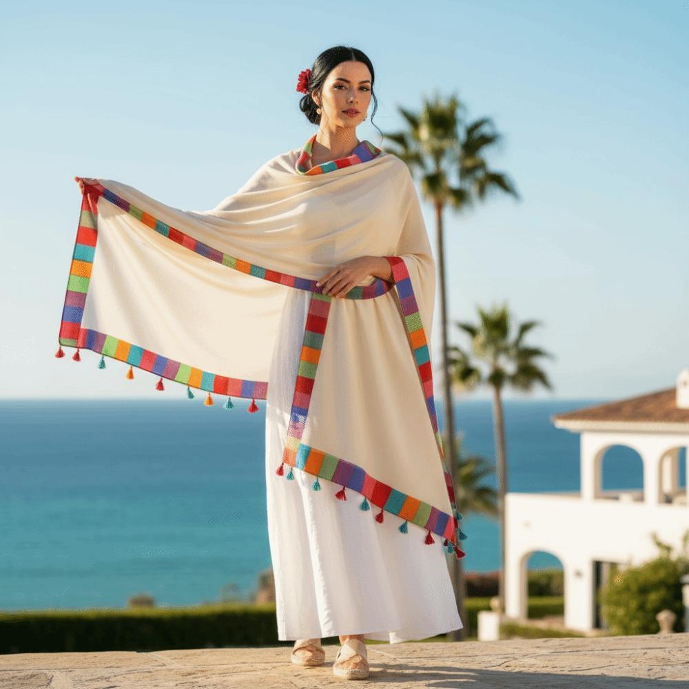 Rainbow-Border Summer Shawl Tasseled Beach Wrap Neck Wrap Sunscreen Sarong  Fashionistas
