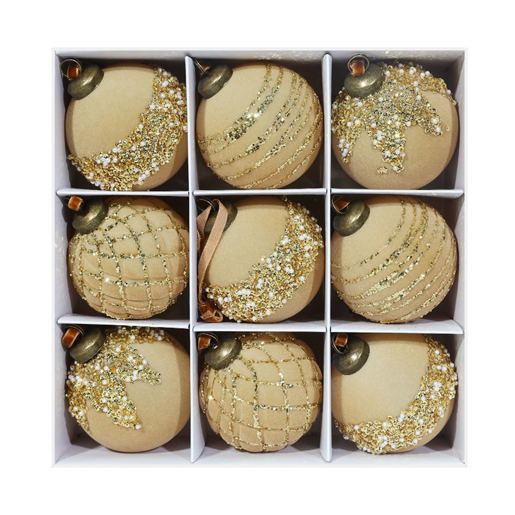 Lamp-painted Plastic Christmas Tree Decorative Hanging Ornaments, 8cm 9pcs Flocked Christmas Ball Set