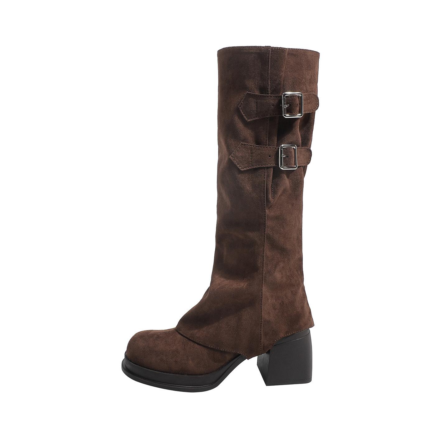 

Cowhide version~ Lazy wind belt buckle stacking boots autumn and winter pointed head thick medium heel loose suede Datong Weiwei boots 41