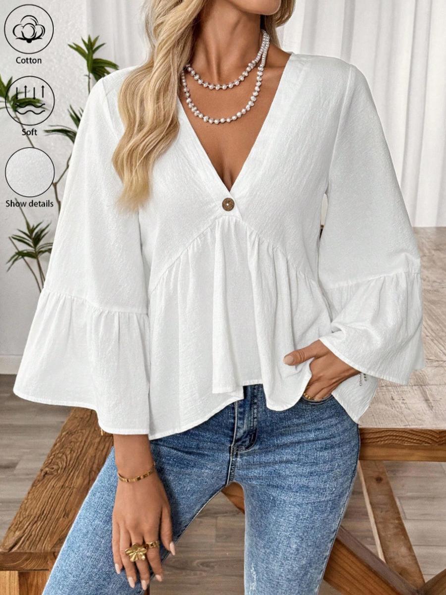Женский весенне-летний новый однотонный хлопковый топ с V-образным вырезом и рукавами с оборками S белый