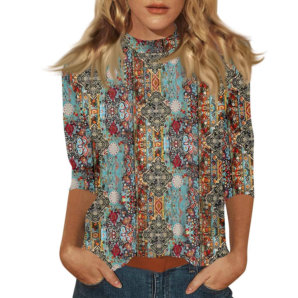 Damen Mock-Neck 3/4-Ärmel Bedrucktes Oberteil