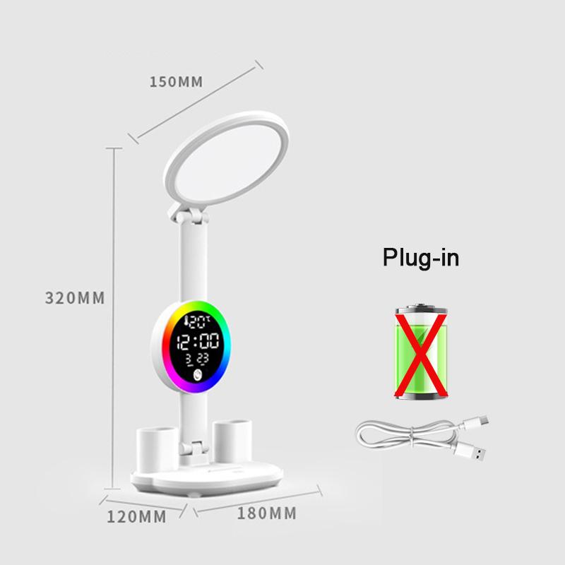 Oppladbar bordlampe for studier, skrivebordslampe leselys LED bordlys med vifte, LED klokkedisplay leselampe