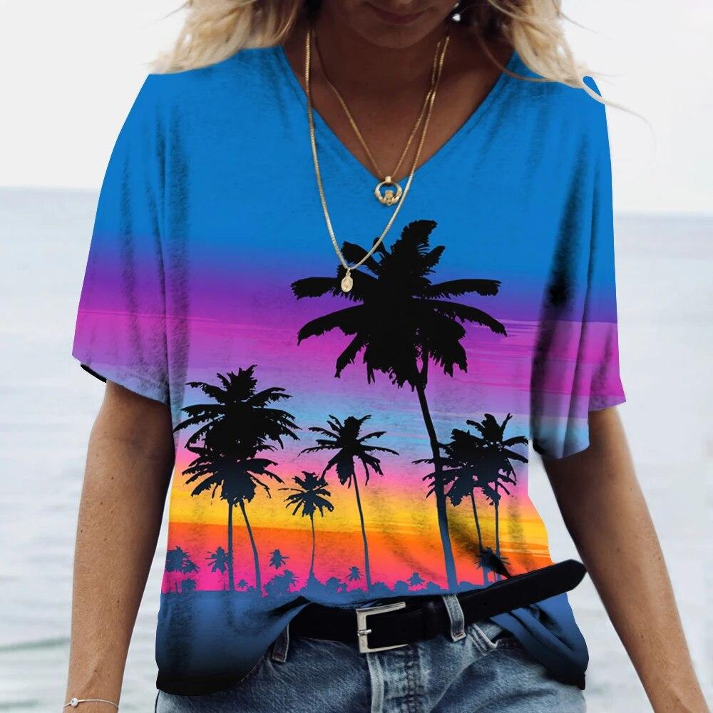 

Женская футболка в гавайском стиле с принтом кокоса, футболки с короткими рукавами и v-образным вырезом, большой пуловер, топы, женская повседневная уличная блузка